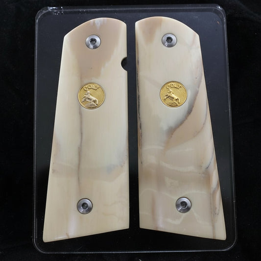 MAMMOTH IVORY 1911 GRIPS WITH COLT GOLD MEDALLIONS A-2793
