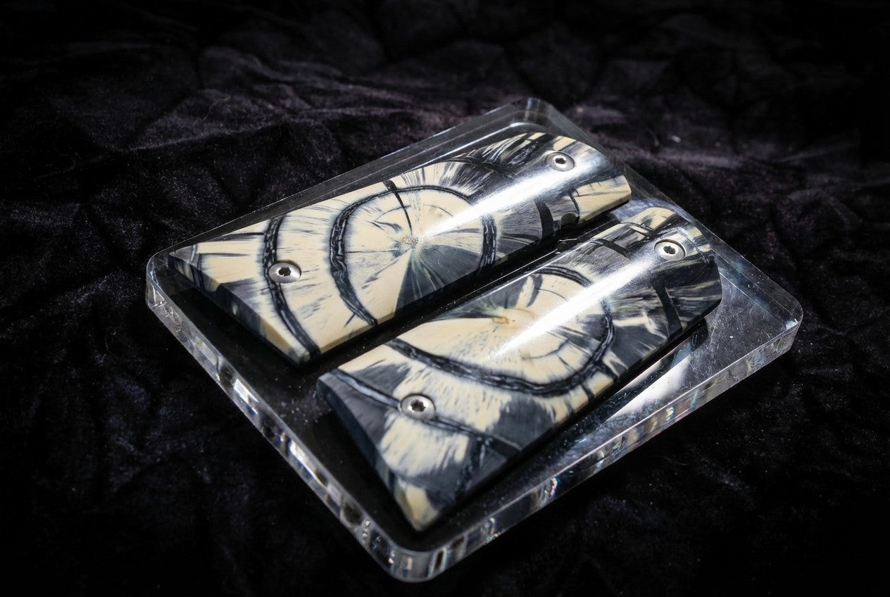 BLACK/CREAM/GUN METAL GRAY CROSSCUT MAMMOTH IVORY 1911 GRIPS A-2832