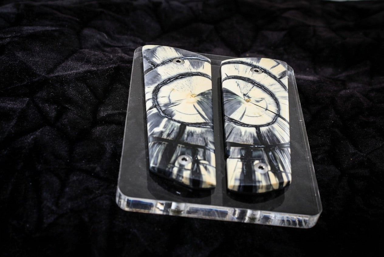 BLACK/CREAM/GUN METAL GRAY CROSSCUT MAMMOTH IVORY 1911 GRIPS A-2832